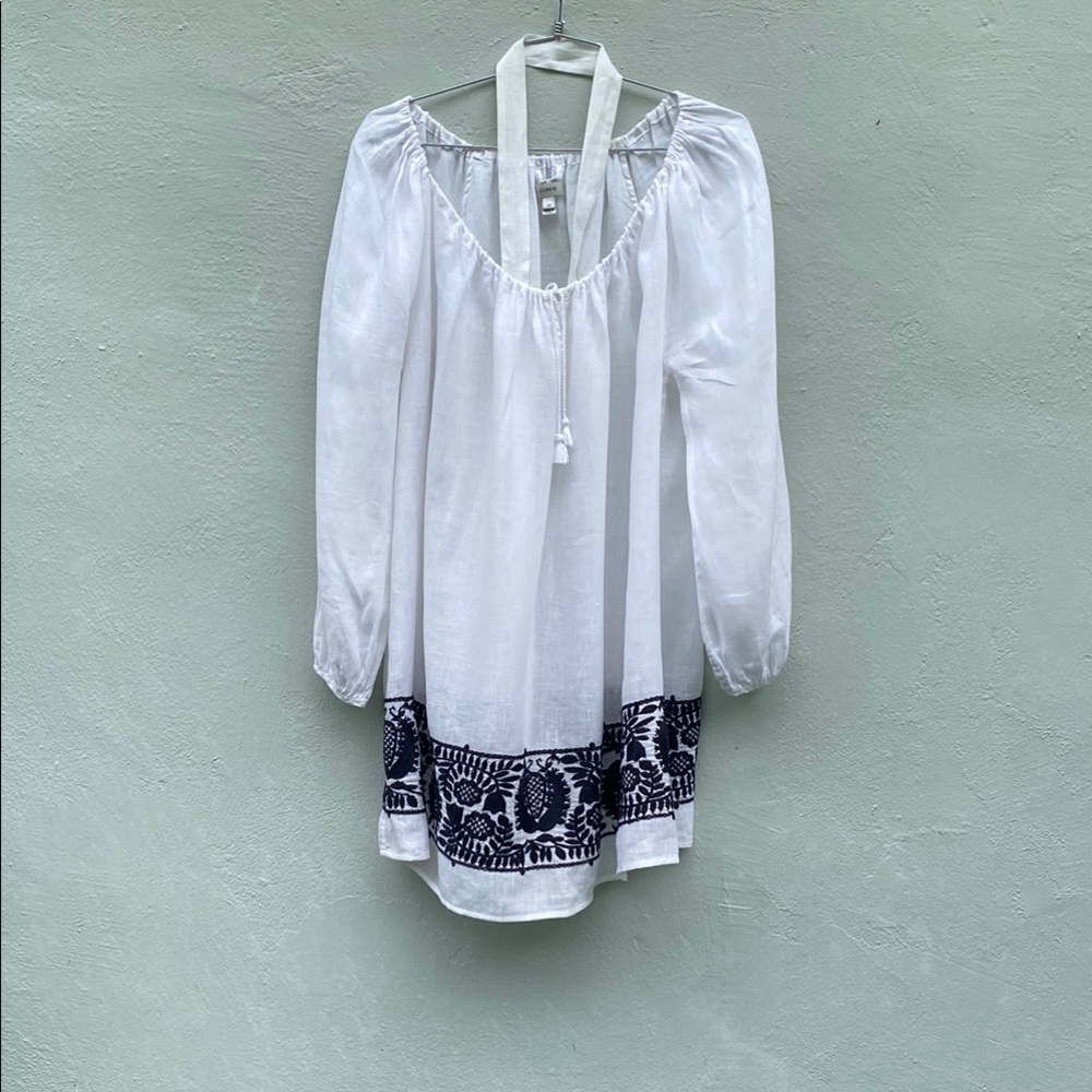 J. Crew Linen White Peasant Dress with Black Embroidery